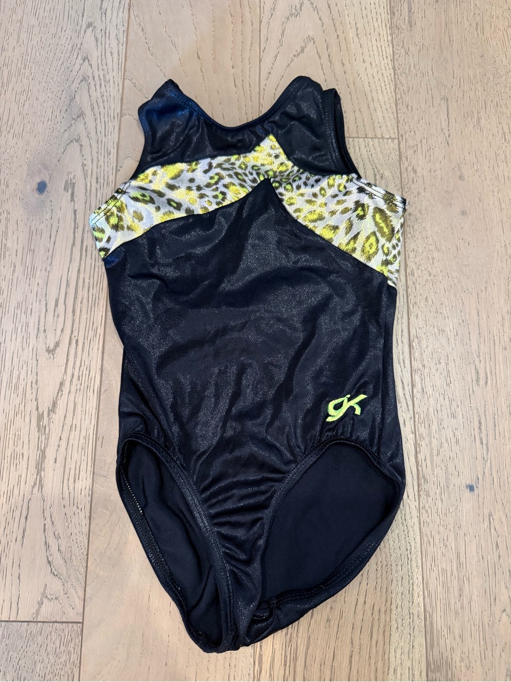 GK Elite Girls Gymnastics Leotard Black Neon Yellow Leopard Print